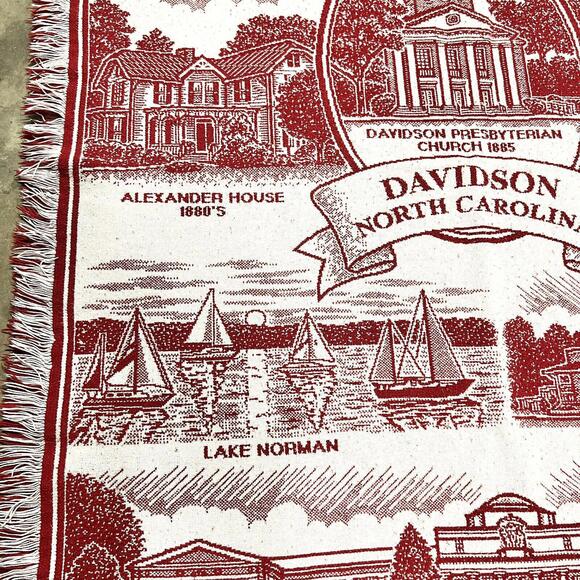 VTG Davidson North Carolina NC Locations Throw Blanket Woven Acrylic Red White - Picture 6 of 15